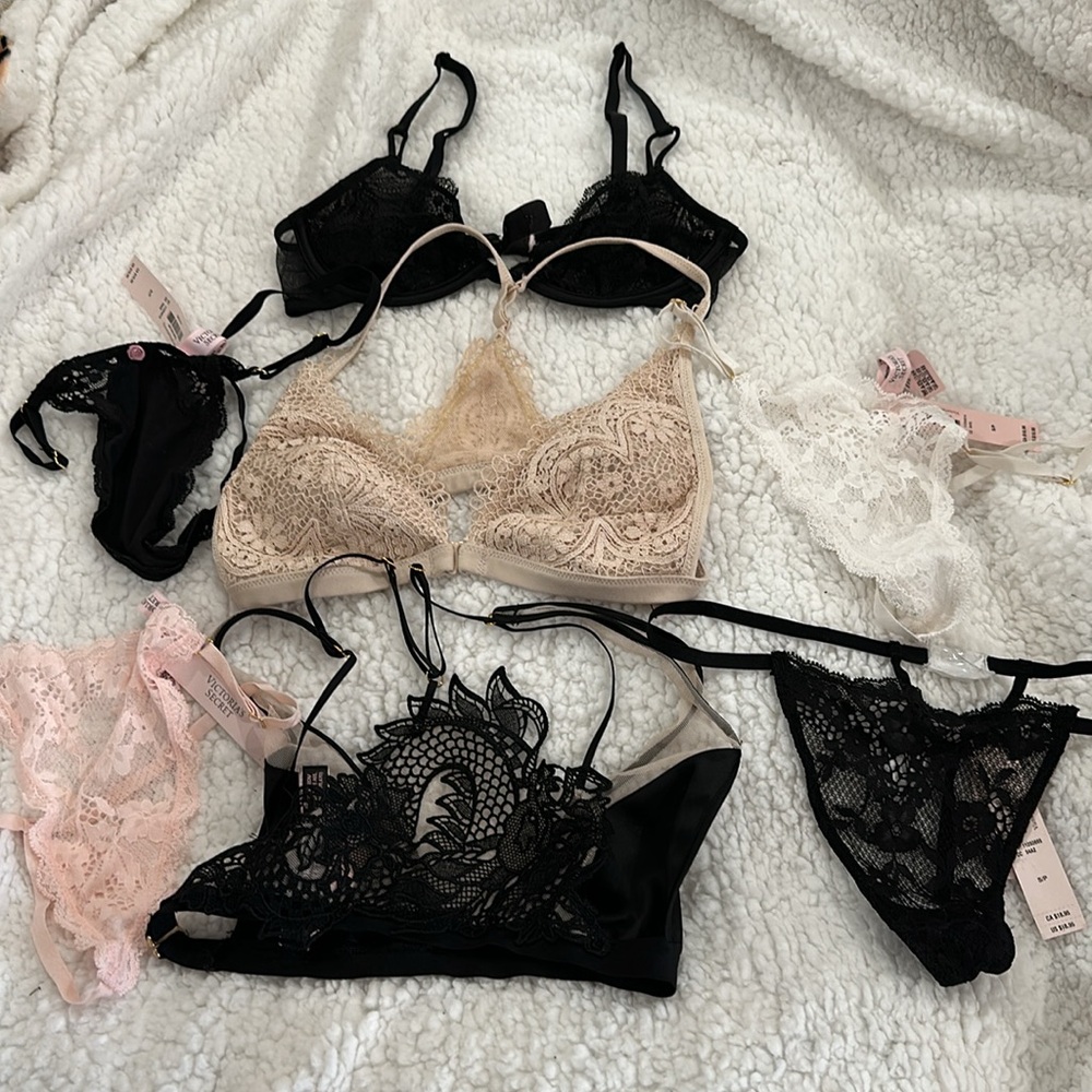 Victoria’s Secret 4 new lace thongs + 3 XS bralettes lace black and nude color